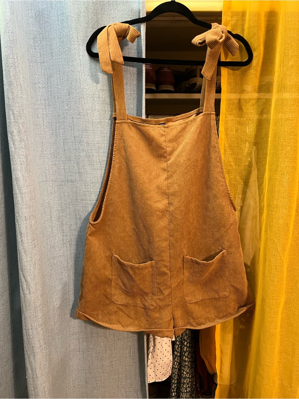 SHEIN Tan Corduroy Tie-Shoulder Romper Dress